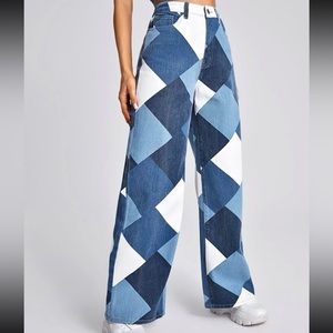 Diamond Patchwork Color-block Wide Leg Jeans